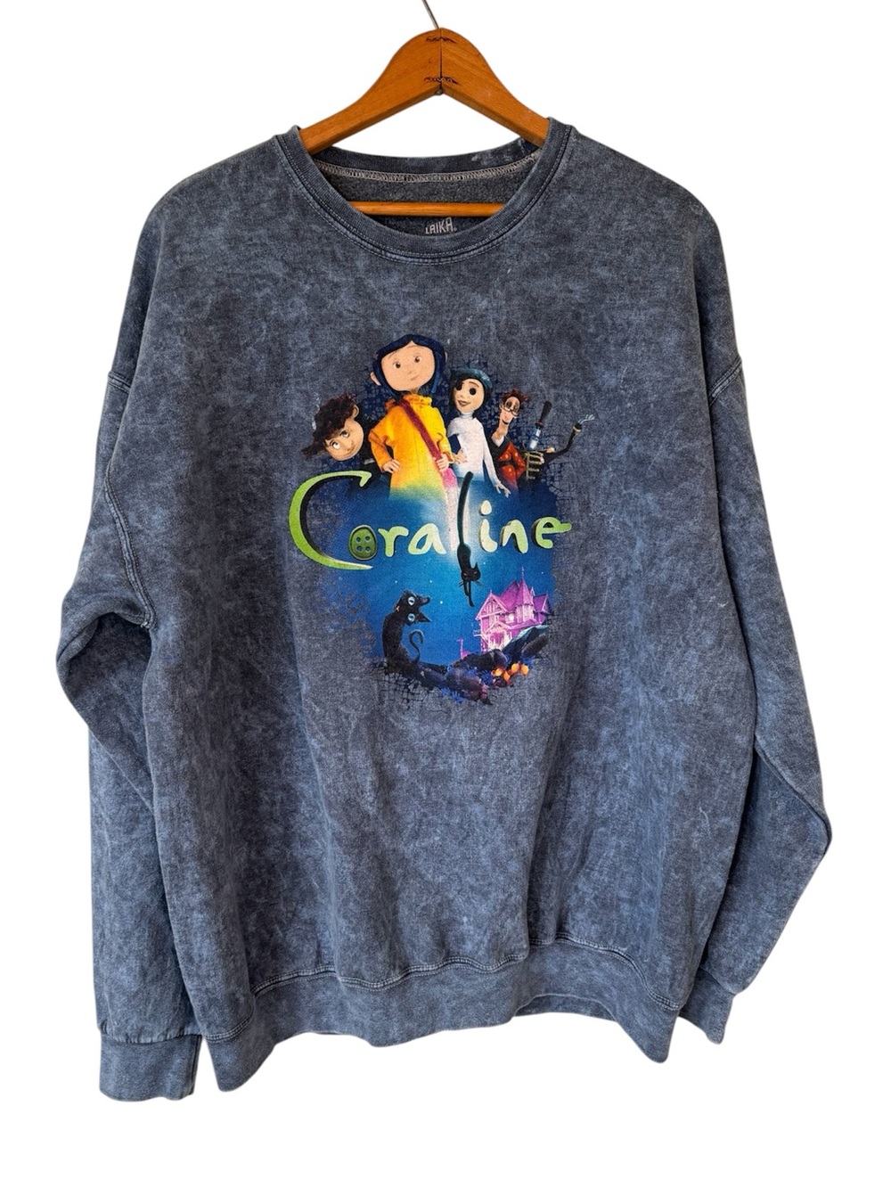Coraline LAIKA Film Poster Mineral Wash Sweatshirt Blue Gray Whimsigoth